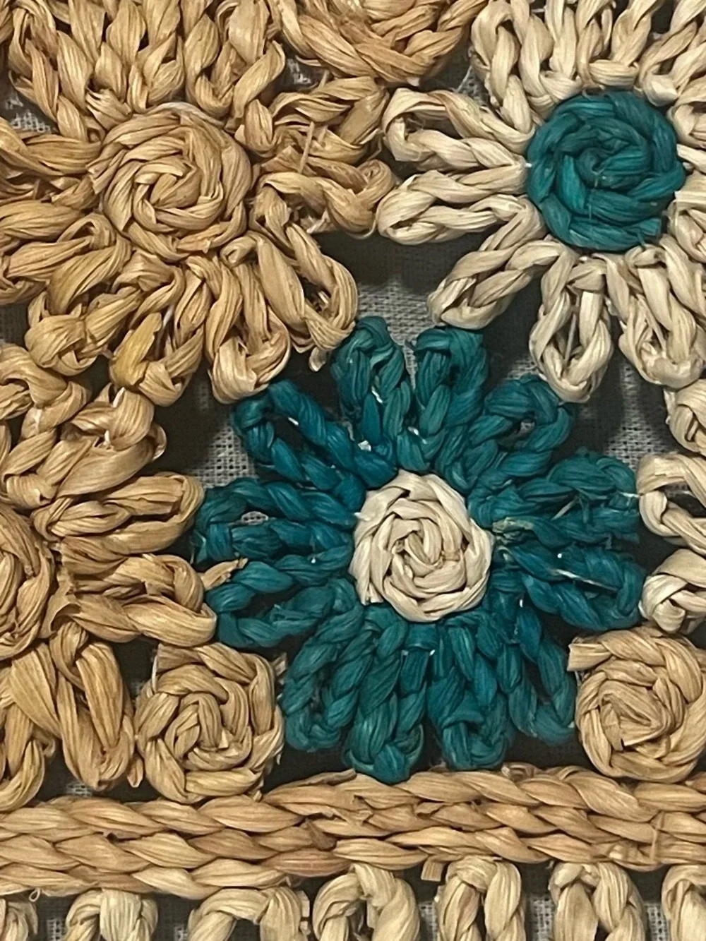 Haute Hippie Teal and Natural Woven Floral Straw Tote